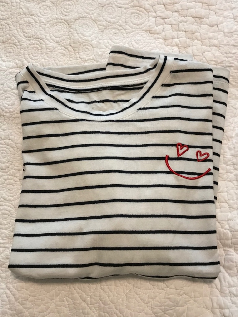 A new day b&w striped long sleeve round neck tee, embroidered smiley face (M)